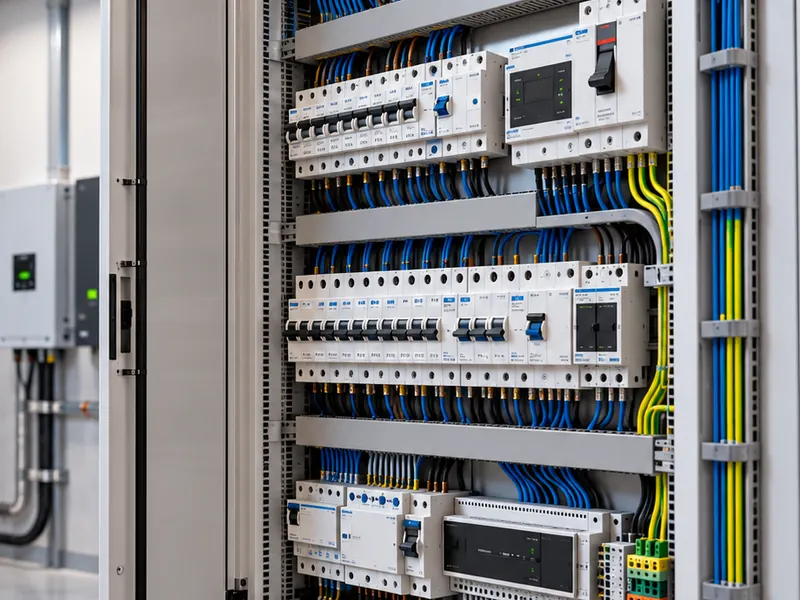 Geöffneter Elektroverteiler mit Leitungsschutzschaltern und sauber geführter Verdrahtung