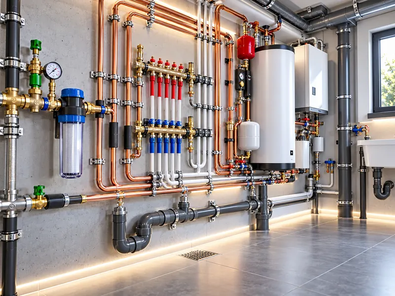 Technikraum mit Trinkwasserfilter, Verteilern, Kupferleitungen und Abwasserrohren